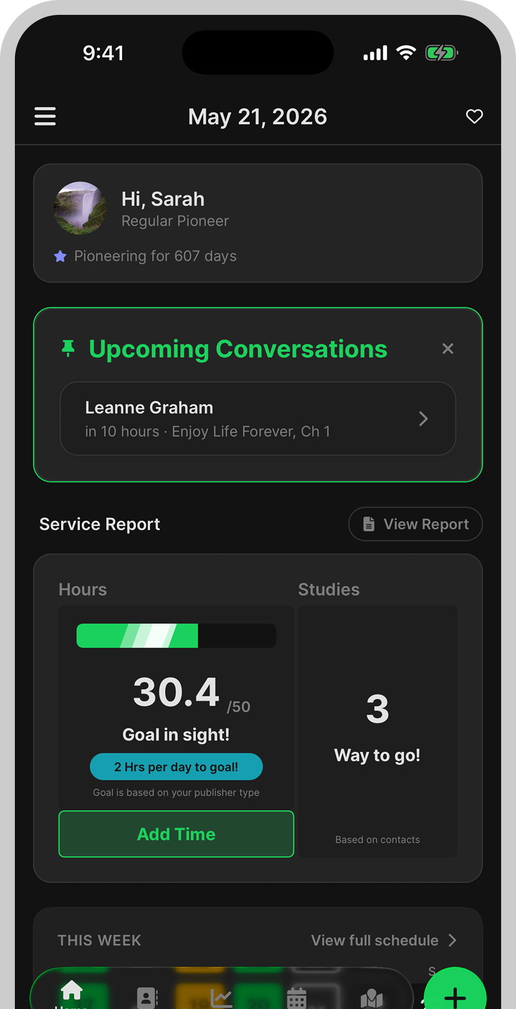 WitnessWork home screen showing the day's schedule and service report.